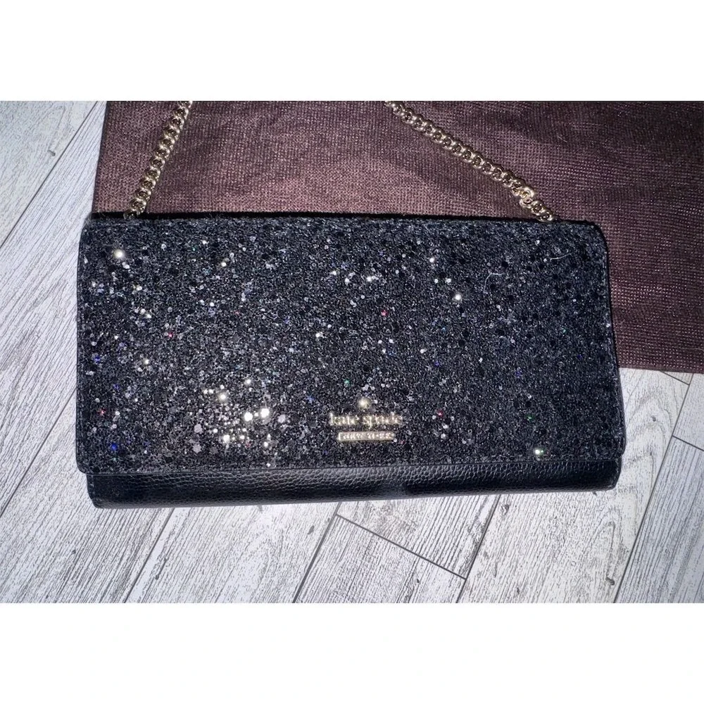 NWT Kate Spade Laurel Way Black‎ Glitter Chain Wallet Clutch w/ Detachable Strap